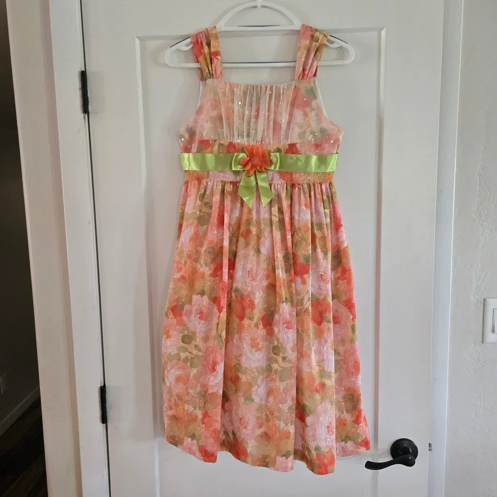 Bonnie Jean Girls Dress 10-12 Peach Floral Party Dress Sash Orange Pink